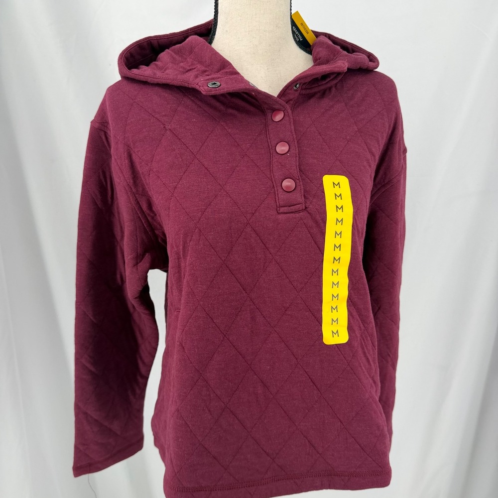 Lands End Womens Quilted Pullover Hoodie Burgundy Snap Neck Sweatshirt Medium